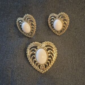 Vintage Gold and White Heart Pin And Earrings